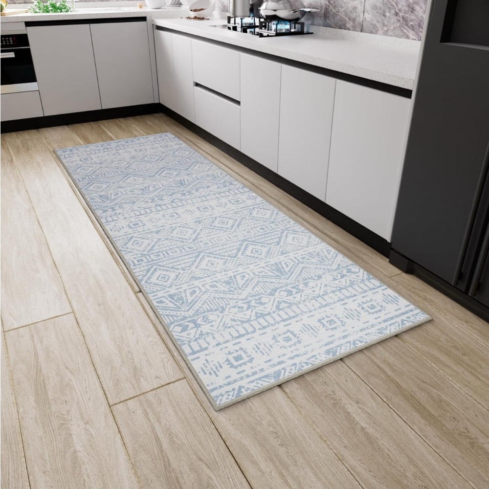 Blue and White Geometric Pattern Rug - Picture 6 of 10